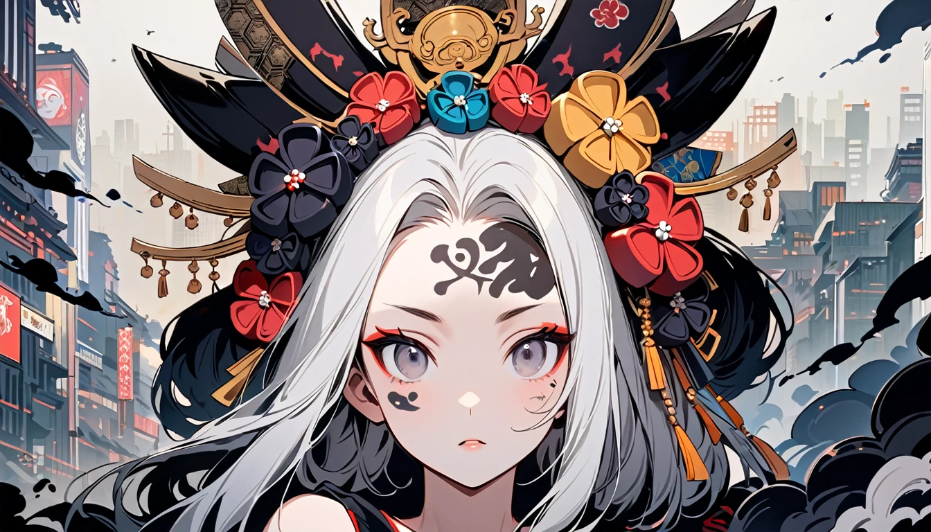 Ink painting, (((1 girl )), (((Tattoo in the middle of the forehead))), (((Oiran))), (((Great hair accessories))), Demon possession, (((Grey eyes with engraving inside))),Face up close, Japanese beauty, White hair, Sensitive and precise, Modern Pirate Style, Highest quality, katsushika hokusai, beautiful girl, Sensitive and precise, Modern Pirate Style, Cyberpunk city,