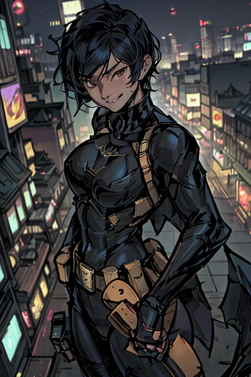 (masterpiece, best quality),1girl, solo, cassandra cain, batgirl suit, black hair, brown eyes, smile,
akihabara city, of the dead,  night,  from above, STANDING rooftop, neon sign, game center, 