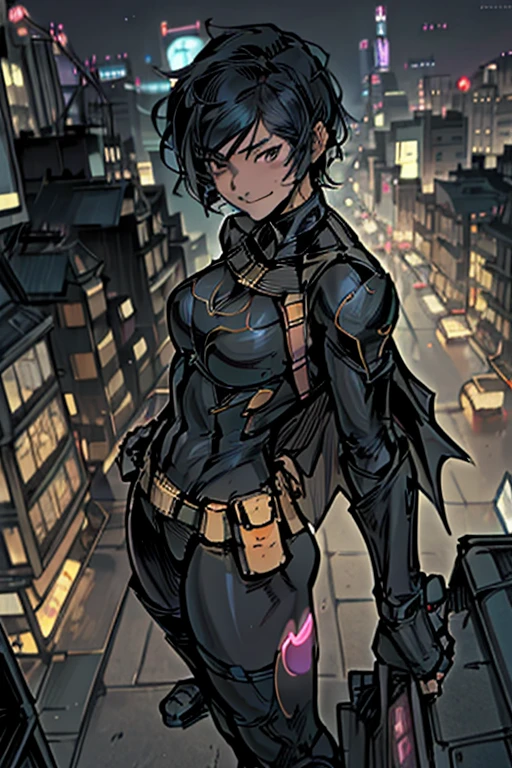 (masterpiece, best quality),1girl, solo, cassandra cain, batgirl suit, black hair, brown eyes, smile,
akihabara city, of the dead,  night,  from above, STANDING rooftop, neon sign, game center, 