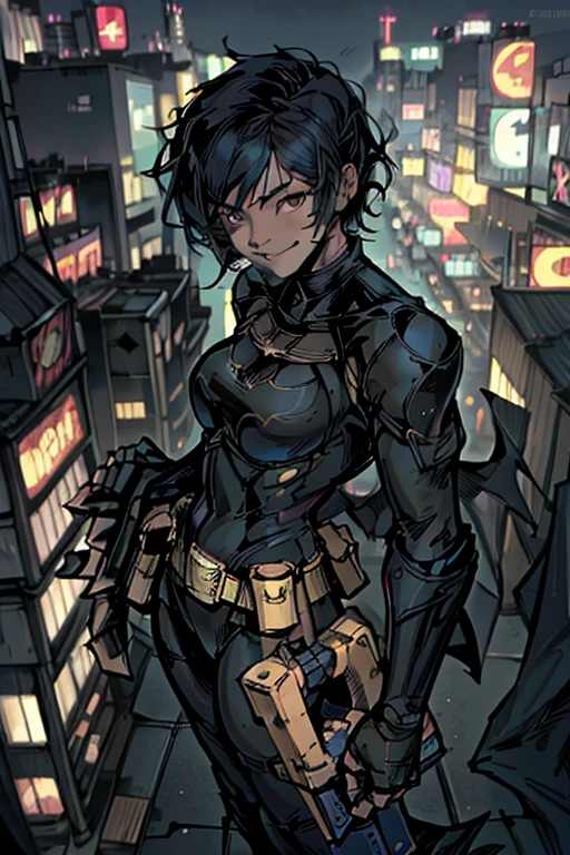 (masterpiece, best quality),1girl, solo, cassandra cain, batgirl suit, black hair, brown eyes, smile,
akihabara city, of the dead, night, from above, STANDING rooftop, neon sign, game center,