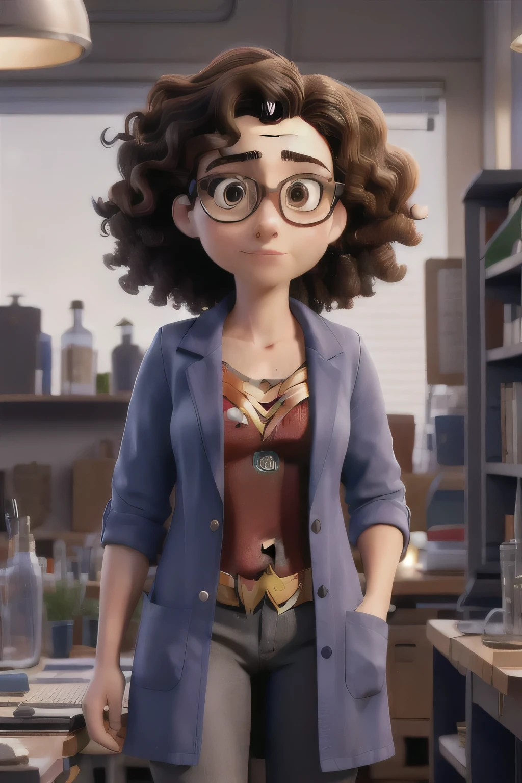 work of art, best qualityer ,Portrait of an adult, average-sized female doctor, looking at the camera, holding a notebook . doctor with curly hair and glasses wearing Wonder Woman clothing under her lab coat