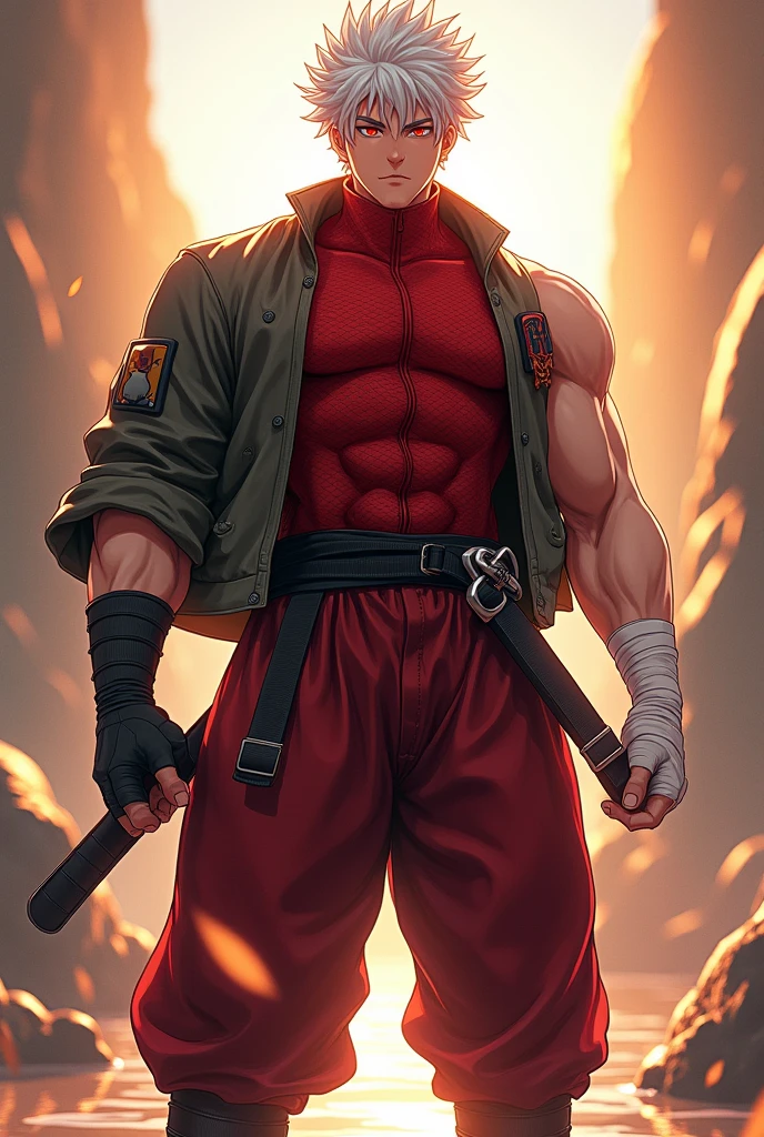 a dynamic illustration of Munashi Kurotani, a young yet physically imposing 15-year-old character standing at 203 cm with a muscular build. He has pure white hair and eyes. Munashi is dressed in a tight-fitting, deep red shirt made from special mesh fabric with a high collar and no sleeves, paired with matching red, slightly loose combat pants. He wears dark-colored ninja sandals. Over his shirt, he dons a rugged combat jacket. His right arm features a bandaged hands, while both legs have hip-pouches with additional bandages wrapped around them. Capture him in a reflective or intense training pose, emphasizing his immense physical strength. The overall mood should convey his formidable presence, masterpiece, best quality, high quality, extremely detailed 8k CG unit wallpaper, depth of field, HDR, photorealistic, extremely detailed, intricate, high detail, sun reflecting