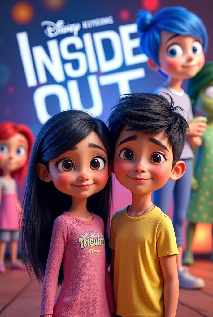 a 5-year-old Brazilian girl, honey-colored eyes, very long hair to the waist, smooth ass, moreno claro, white skin and a ager, skin fair, cabelos moreno claro, wearing dental braces, eyes browns, with text "MELINA AND MIGUEL ", with the background featuring the characters from the movie Inside Out 2, Pixar-style birthday invitation