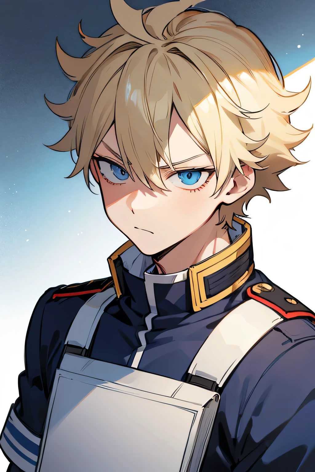 1boy, blonde hair, blue eyes, messy hair, short hsir, serious, UA high uniform, my hero academia uniform, school uniform