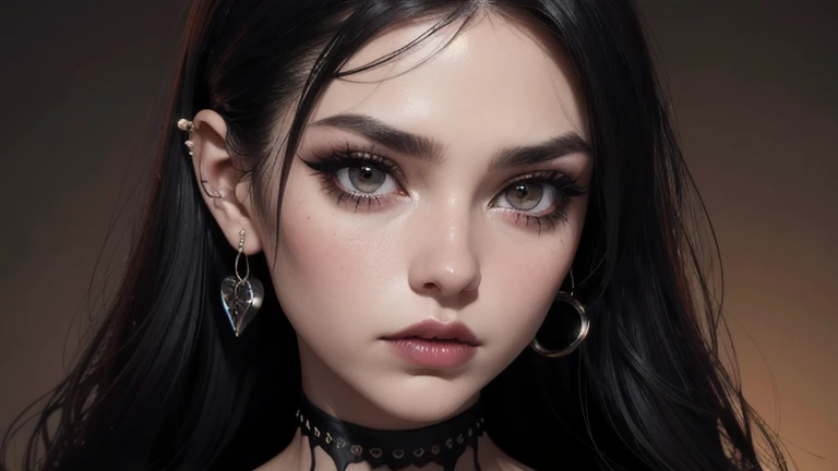 face close up, Glamour photography of a random stylish Gothic girl, nervous mood, dark, mask, eyeliner, dark cheeks, Unique face piercings with artistic jewelry, round eyes, dimple, smoky eye makeup, defined jawline, Hautporen, shiny skin, grainy, harsh flash, Sepia-Tone