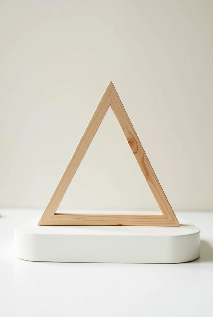 White plastic table, On top of the table, a scalene triangle frame lies, made of pine wood.