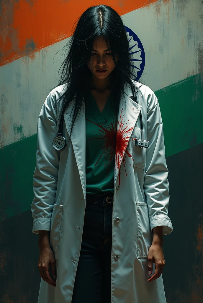 In image please include Indian flag
Female Doctor's coat with blood and they helpless and scary in dark