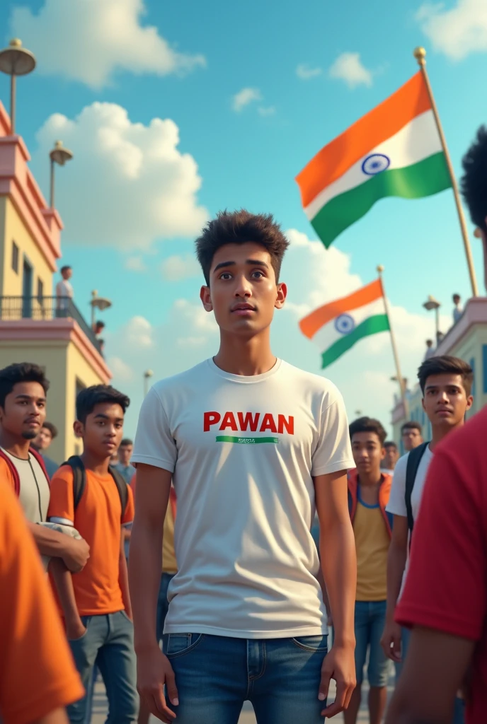 “A 18Year-old Indian boy named Pawan teach the Indian students about independence in a college. He is wearing a white t-shirt with ‘Pawan’ written on it and jeans. The background features other young people engaged in community activities for Independence Day. The scene should be vibrant and festive, capturing the spirit of patriotism.” And Happy Independence day 2024 written at above sky create realistic image high quality.