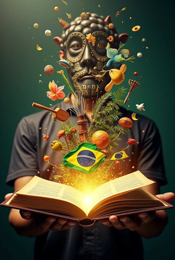  holding an open book with various symbols representing Brazilian culture leaping out of the book's page