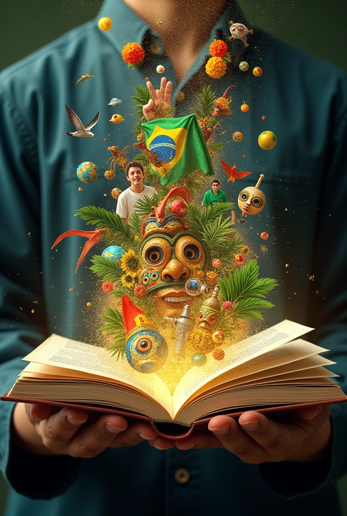 holding an open book with various symbols representing Brazilian culture leaping out of the book's page