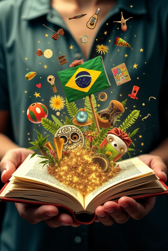 holding an open book with various symbols representing Brazilian culture leaping out of the book's page