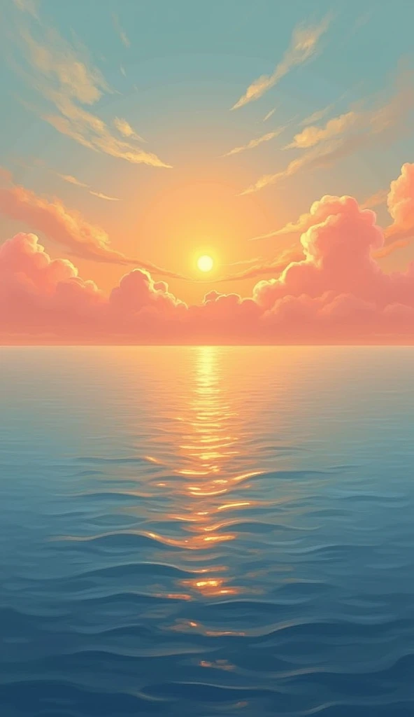 A serene sunrise over a calm ocean, symbolizing a new day and the resolve to take action, Illustration drawing Stoicism