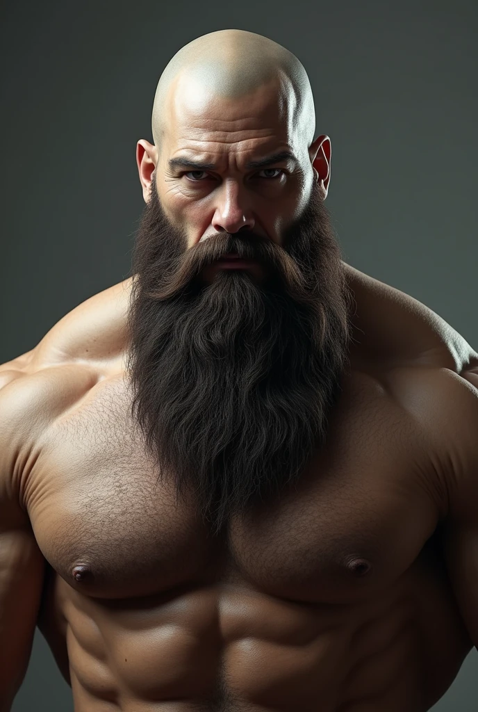 Very muscular bald man with a long beard 