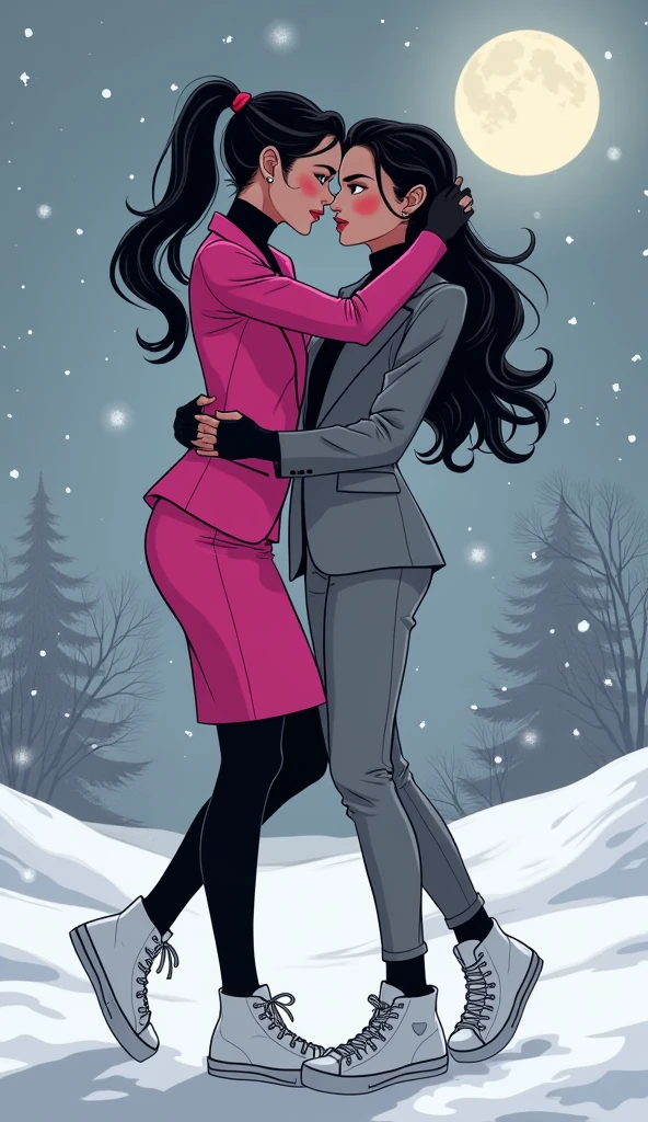 Two girls, long black hairs, yuri,
The first girl wear a hot pink suit, black shirt, hot pink pencil skirt, black underpants, black tights, black gloves, black socks, white sneakers high top.
The second girl wore a grey suit, black shirt, grey pencil skirt, black underpants, black tights, black gloves, black socks, white sneakers high top.
french kiss, lesbian kiss hugging, sensual body, snowing, grey blue sky, moon, cartoon novel, 4K, HD