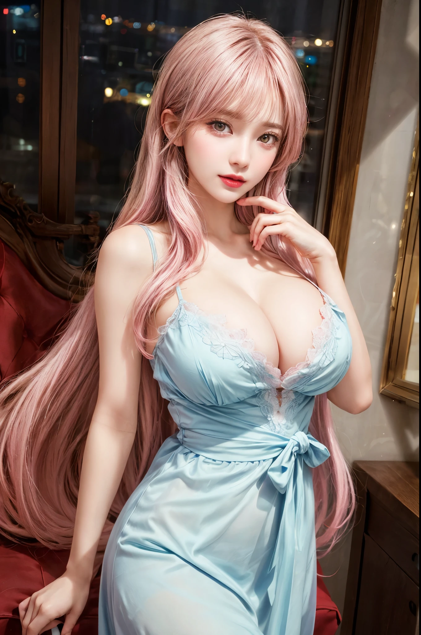 Realistic woman in a blue dress posing in front of a window, seductive beautiful girl, beautiful alluring realistic woman, attractive girl, detailed realistic photography, beautiful girl, beautiful realistic woman, realistic photoshoot style, smooth realistic detailed, photorealistic render, realistic young girl, big breast, (mature female, MILF, 30-year-old woman), pink hair, yellow eyes, large breast,