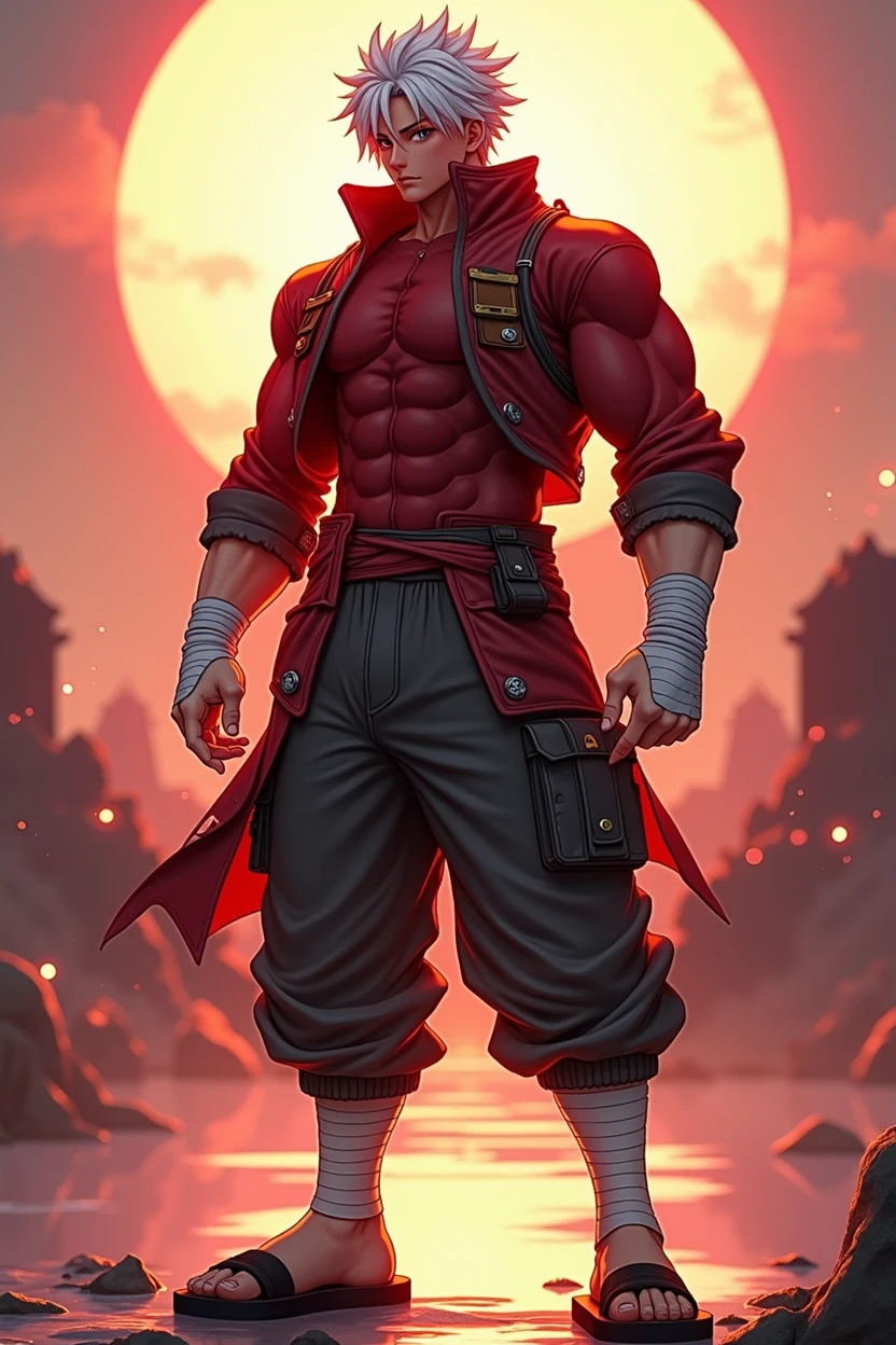 a dynamic illustration of Munashi Kurotani, a young yet physically imposing 15-year-old character standing at 203 cm with a muscular build. He has pure white hair and eyes. Munashi is dressed in a tight-fitting, deep red shirt made from special mesh fabric with a high collar and no sleeves, paired with matching red, slightly loose combat pants. He wears dark-colored ninja sandals. Over his shirt, he dons a rugged combat jacket. His right arm features a bandaged hands, while both legs have hip-pouches with additional bandages wrapped around them. Capture him in a reflective or intense training pose, emphasizing his immense physical strength. The overall mood should convey his formidable presence, masterpiece, best quality, high quality, extremely detailed 8k CG unit wallpaper, depth of field, HDR, photorealistic, extremely detailed, intricate, high detail, sun reflecting