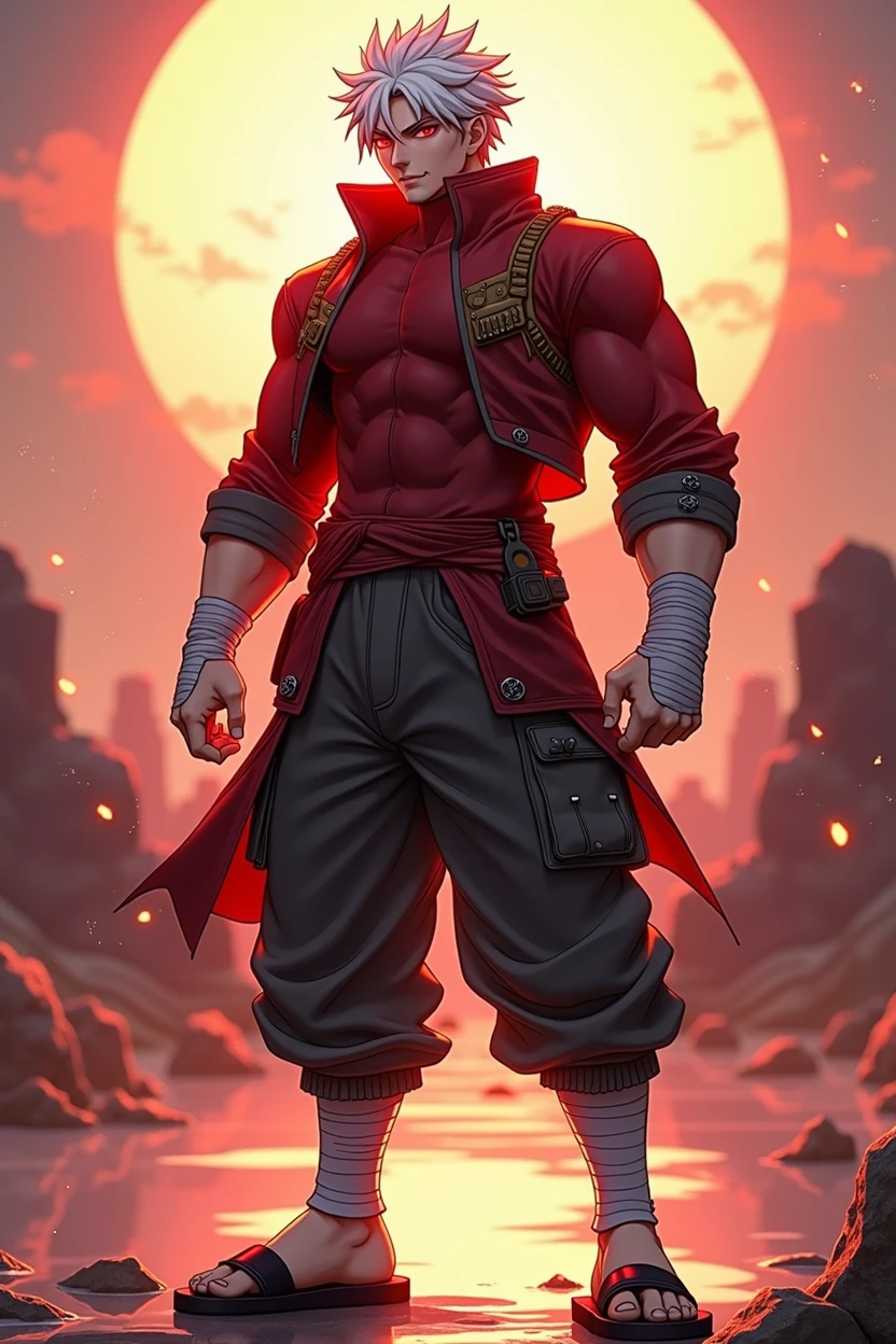 a dynamic illustration of Munashi Kurotani, a young yet physically imposing 15-year-old character standing at 203 cm with a muscular build. He has pure white hair and eyes. Munashi is dressed in a tight-fitting, deep red shirt made from special mesh fabric with a high collar and no sleeves, paired with matching red, slightly loose combat pants. He wears dark-colored ninja sandals. Over his shirt, he dons a rugged combat jacket. His right arm features a bandaged hands, while both legs have hip-pouches with additional bandages wrapped around them. Capture him in a reflective or intense training pose, emphasizing his immense physical strength. The overall mood should convey his formidable presence, masterpiece, best quality, high quality, extremely detailed 8k CG unit wallpaper, depth of field, HDR, photorealistic, extremely detailed, intricate, high detail, sun reflecting