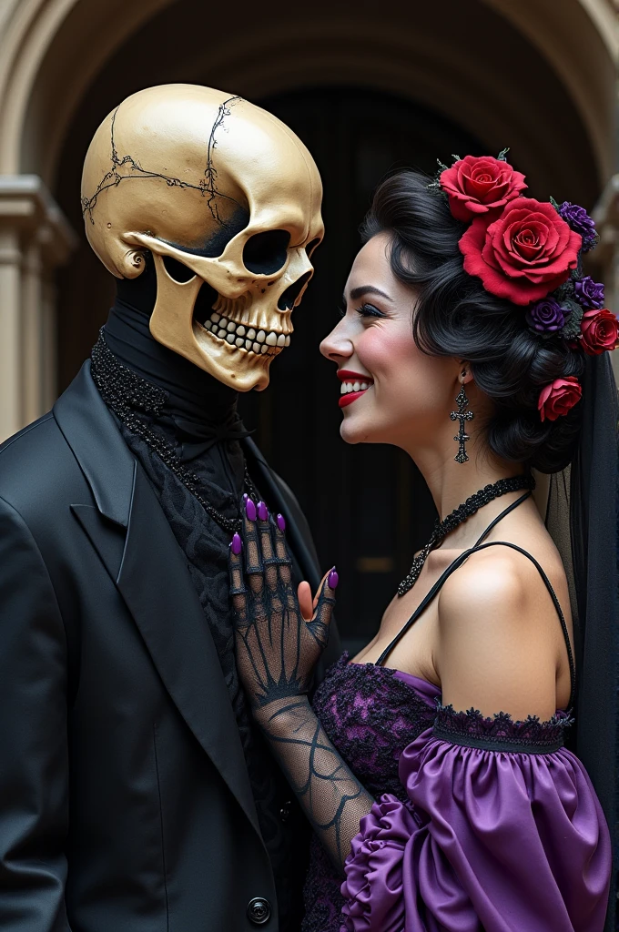 SMILING WOMAN ENTITY CALLED SKULL ROSE, WITH A BEAUTIFUL WOMAN'S HUMAN FACE WITH RED LIPSTICK AND HALF OF A SKULL'S FACE, SHE HAS SHORT WAVY HAIR, WITH MANY ROSES OF VARIOUS COLORS IN HER HAIR AND HAS A VEIL THAT COVERS HER BLACK LACE ROSE , SHE WEARS A PURPLE DRESS WITH LACE AND MANY CHORDS WITH CRUCIFIXES, SHE WEARS A BLACK LACE GLOVE AND HOLDS THE HAND OF AN EXU SKULL MAN AN ENTITY MAN WITH A SKULL FACE WITH A BLACK TOP TOP, AND BLACK CLOTHES FROM THE 1920s HE LOOKS AT ROSA SKULL