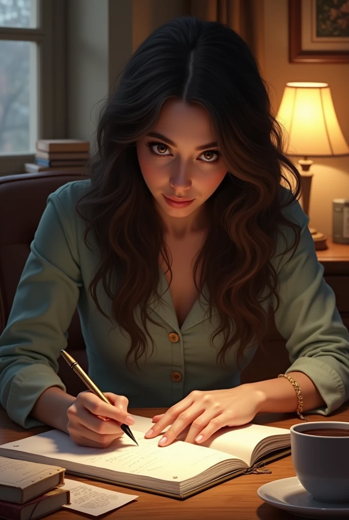 Draw a writer with curly long dark brown hair and brown eyes writing something looking at the paper
 
