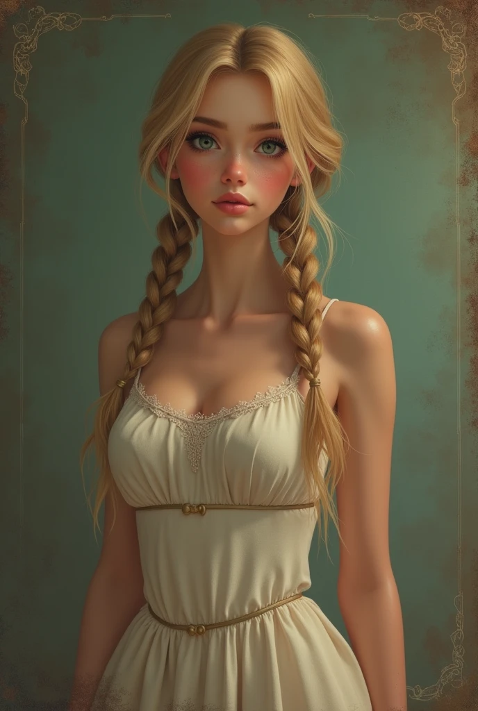 Round face like elsa,blonde hair,braided hair ,big boobs,slim,hot,realistic,(best quality)), ((masterpiece)), (detailed) antique colour photo, light leaks,Photograph taken on kodak camera, Retro aesthetic, Shot on 35 mm kodak camera, Film vintage colors, 8k, magazine image