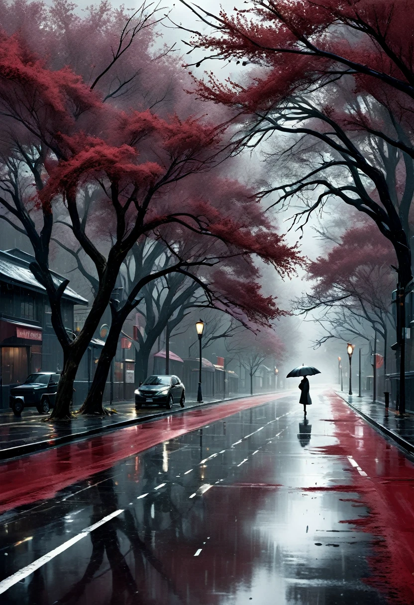 **Prompt:**
A solitary, rain-soaked empty road with puddles reflecting a crimson background, dark clouds looming overhead, barren branches extending into the scene, and birds flying through the misty air, in the style of atmospheric realism, moody and contemplative ambiance, detailed raindrops, subtle textures on the road, and dramatic lighting, capturing the serene yet melancholic essence of the moment, UHD quality —ar 2:3 —v 5.1.