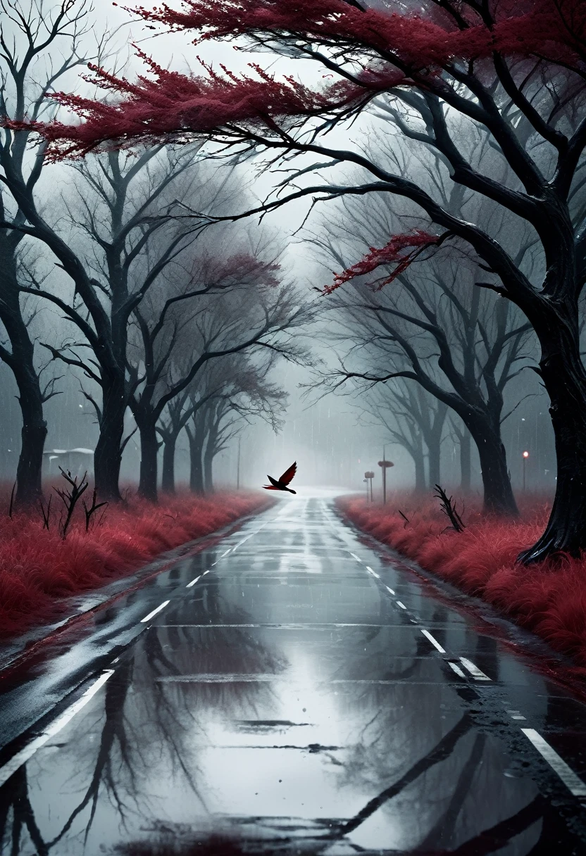 **Prompt:**
A solitary, rain-soaked empty road with puddles reflecting a crimson background, dark clouds looming overhead, barren branches extending into the scene, and birds flying through the misty air, in the style of atmospheric realism, moody and contemplative ambiance, detailed raindrops, subtle textures on the road, and dramatic lighting, capturing the serene yet melancholic essence of the moment, UHD quality —ar 2:3 —v 5.1.