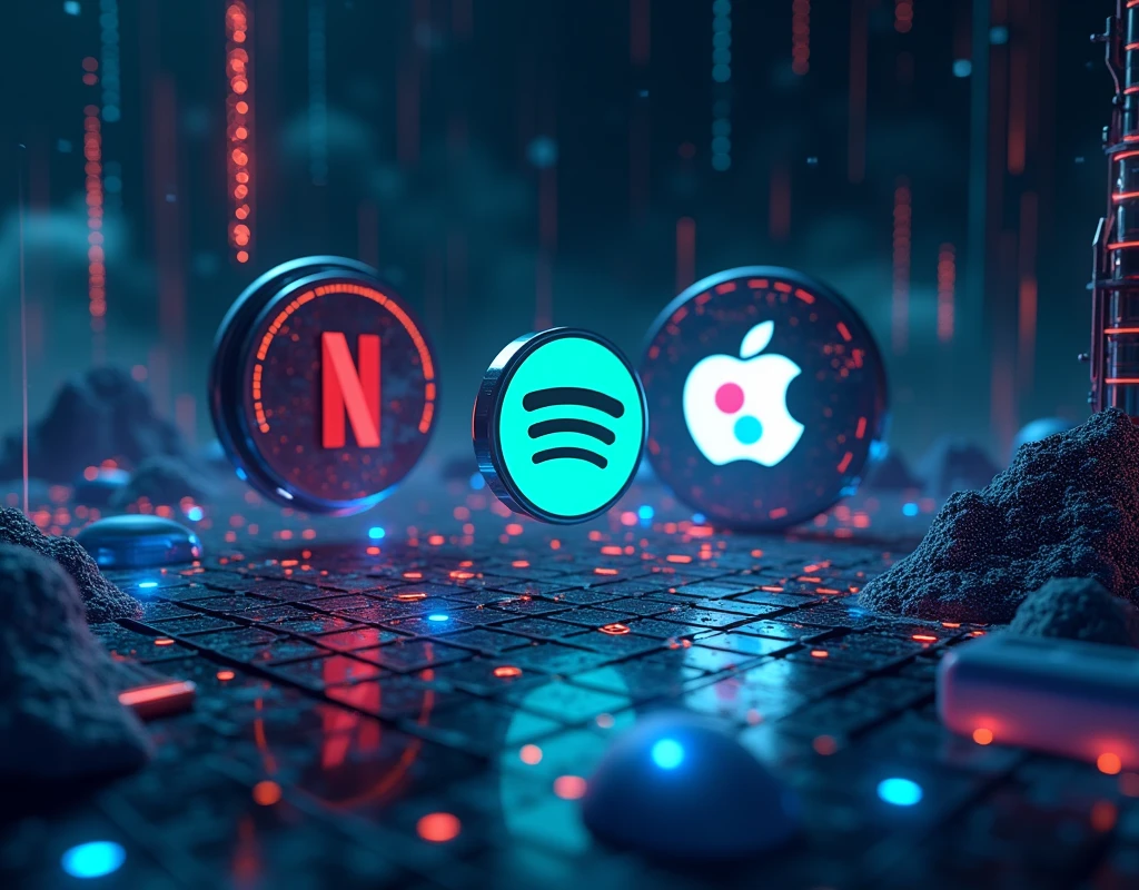 create an image with the Netflix and Spotify ChatGPT and Google Assistant logo on a technological background