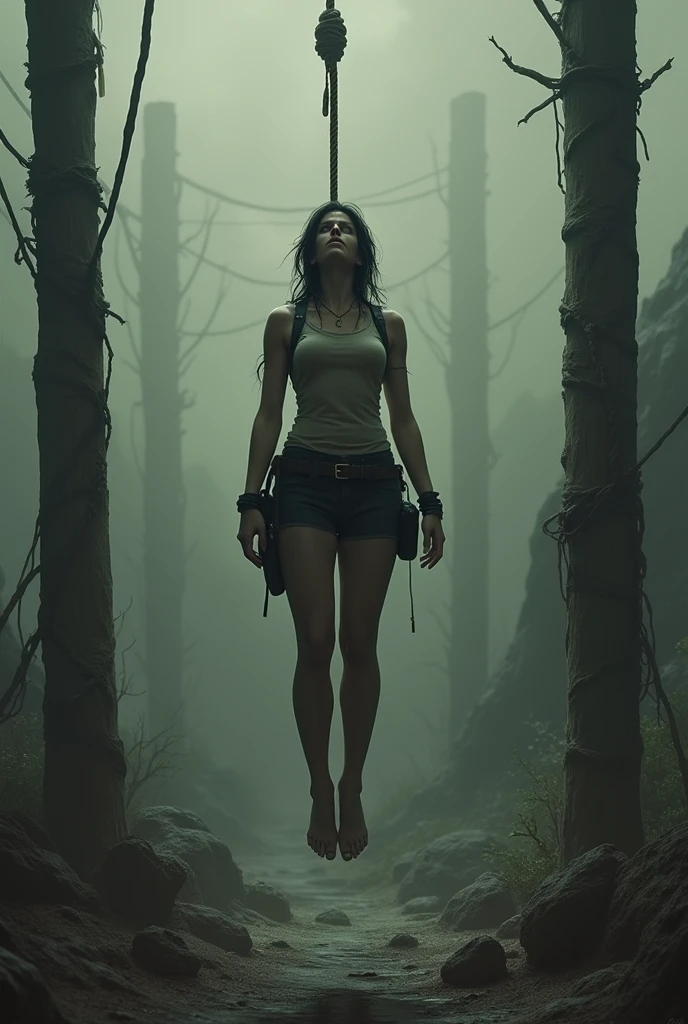 Lara croft hanged to death in the gallows , tongue out, levitate, unconscious , rope on neck , death scene