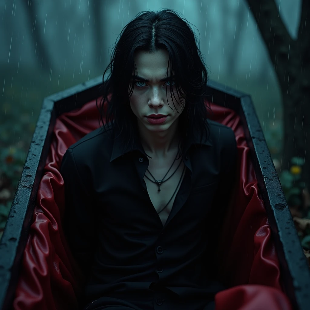A sexy 19-year-old young male with black long hair, teal blue eyes with gothic clothing. He coming out of his coffin. (((Gloomy atmosphere))) Surreal, Insanely detailed, Detailed face, extremely detailed texture, Ultra Detail, Detailed face. Exquisite details and textures, no facial or body hair. ((smooky)) (((heavy rain)) ((rainy)))) (((cold))) (night) (Smirking while furrowing) (pretty male) (no facial or body hair) (his black hair is long and straight) he has long, pretty eyelashes. He has gothic makeup on his face. He is tilting his head and looking down at the camera while smirking and narrowing his eyes. He looks like a vampire. (((red and black))