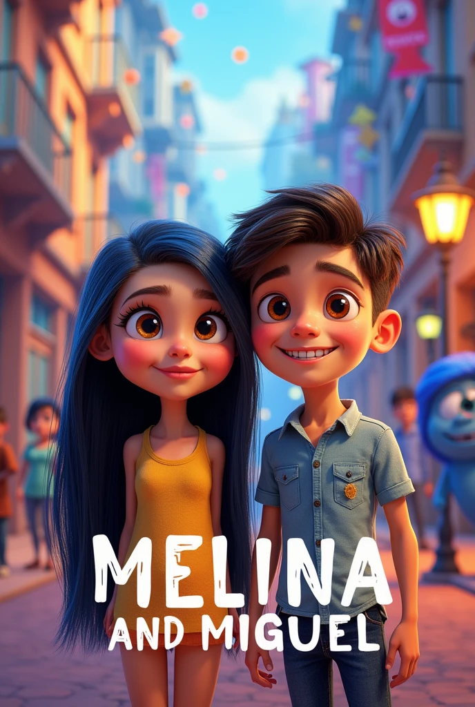 a 5-year-old Brazilian girl, small, olhos honey color, very long hair, smooth ass, honey color, white skin with text "MELINA AND MIGUEL ", with the background featuring the characters from the movie Inside Out 2, Pixar-style birthday invitation
