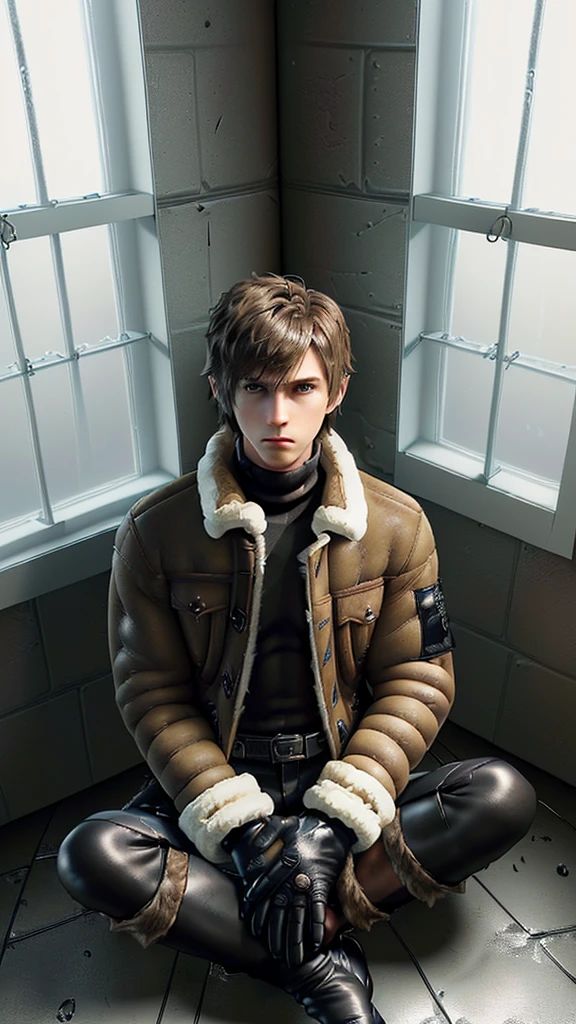 Final fantasy taste and reality graphics, ((Japanese young cute and cool ikemen boy)), his age is early 20s, thin eyebrows and beady eyes, (((he wearing light brown color shearling jacket))), ((jacket is no leather and waist length)), ((fur color is white)),
((also wearing black thick turtleneck polyester shirts)), ((tight black leather long pants)), ((black leather tight and thin leather full finger glove both hands)), black leather knee-high raceup boots,must views head-to-toe,must views whole body,,((((boy in the windowless prison room)))),(((boy sitting on the floor, curl up and holding your knees))),boy is resigned look.