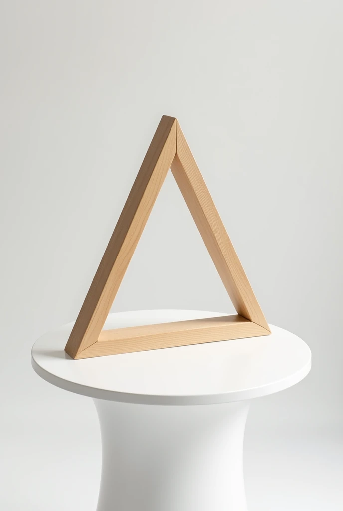 White plastic table, On top of the table, a sharp triangular frame made of pine wood is lying down.