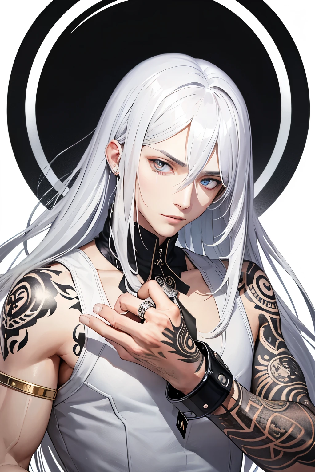 A man with white puffy shoulder-length hair, Silver Eyes, good looking, With tattoos on his hands,