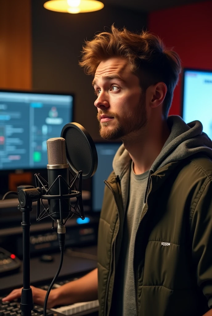 A young man voice recording in studio with mic