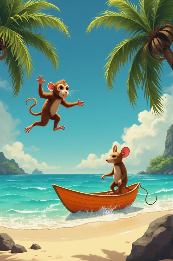 Caribbean beach with palm trees, a flying monkey, an orange-shaped boat, and a mouse with a human body.