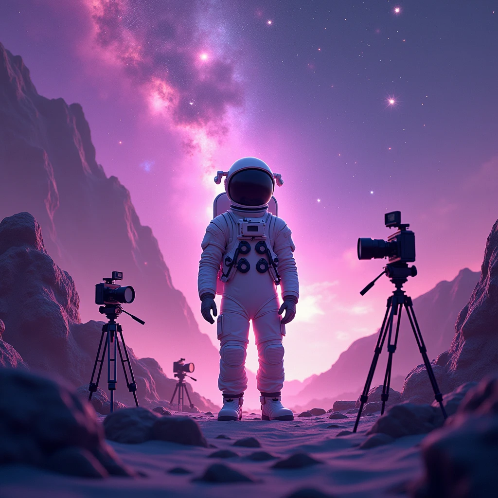 filmmaker avatar astronaut in a galaxy with film-making equipment, representing filmmaking, surrounded by a purple gradient galaxy