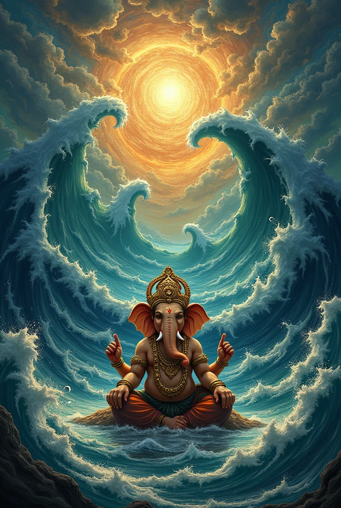 Samudra manthan in ganpati and ocean background