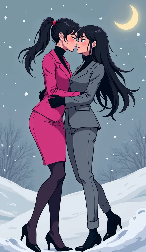 Two girls, long black hairs, yuri,
The first girl wear a hot pink suit, black shirt, hot pink pencil skirt, black underpants, black tights, black gloves, black socks, white sneakers high top.
The second girl wore a grey suit, black shirt, grey pencil skirt, black underpants, black tights, black gloves, black socks, white sneakers high top.
french kiss, lesbian kiss hugging, sensual body, snowing, grey blue sky, moon, cartoon novel, 4K, HD