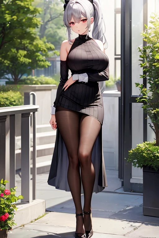 Big Breasts、French Ponytail、Silver Hair、night、Black vertical knit、Black pleated skirt、Black Pantyhose、Red Eye、Long, slender legs、Emphasize the chest、garden、outside、High resolution、masterpiece、Highest quality、High-resolution model
