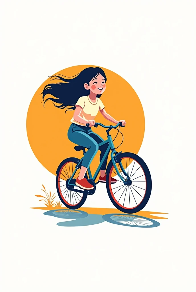 Draw a vector art for me of a girl riding a bicycle with a white background where the shadow is represented by a circle and the main colors of this drawing are orange and blue