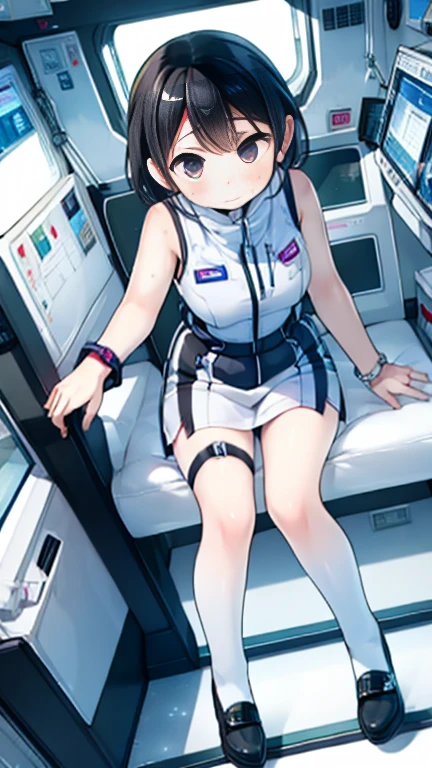 (Highest quality), (masterpiece), 1080P, High resolution, 4K, 8k, Inside the space station、Futuristic room、Thigh straps, Shooting from directly below, The woman on top of me, 白いSweat, Covered , Sweat, Woman looking down, Skirt swimsuit, Thigh-high socks, To achieve this, , , whole body, Black leather shoes, Braided hair, Inner Color, Embarrassed face, Short black hair, bracelet, Bedroom,celestial body_Vest