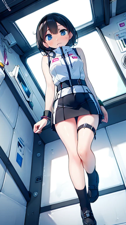 (Highest quality), (masterpiece), 1080P, High resolution, 4K, 8k, Inside the space station、Futuristic room、Thigh straps, Shooting from directly below, The woman on top of me, 白いSweat, Covered , Sweat, Woman looking down, Skirt swimsuit, Thigh-high socks, To achieve this, , , whole body, Black leather shoes, Braided hair, Inner Color, Embarrassed face, Short black hair, bracelet, Bedroom,celestial body_Vest
