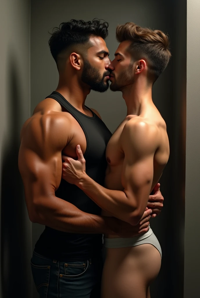 Side view of full body image of Handsome hot very muscular light bearded desi gym hunk stud wearing tight black compression gym suit and tight black jeans and black sports shoes with black socks is tightly hugging and kissing a cute slim fair young boy who is wearing only shorts
