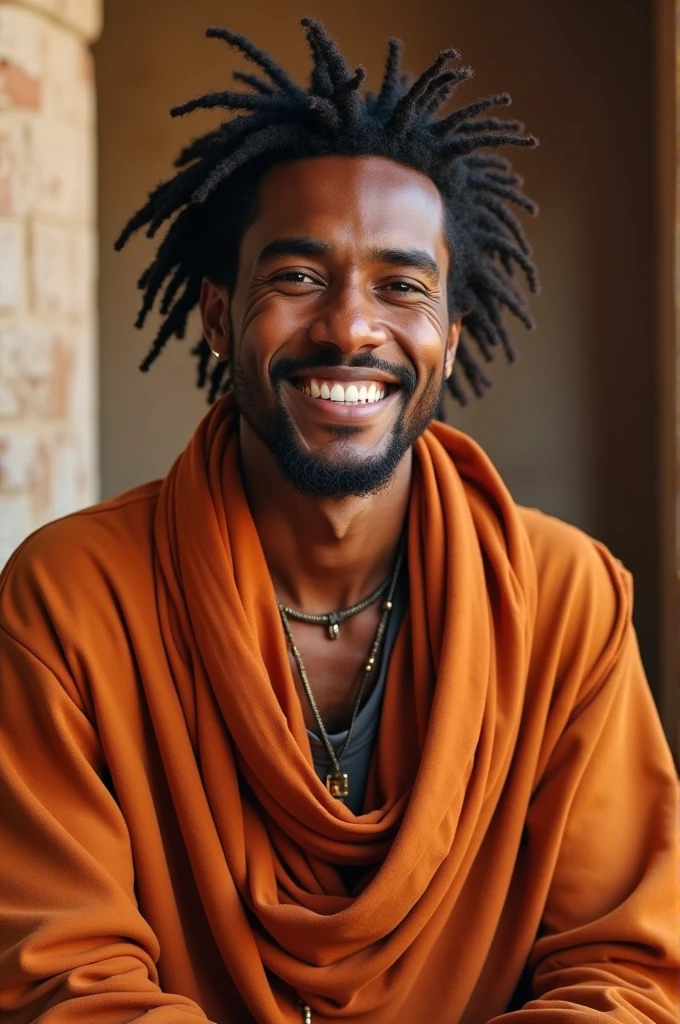 
On peut visualiser un jeune homme touareg, avec un visage chaleureux et accueillant. Son teint moyen et son sourire rayonnant lui donnent une apparence amicale. Bien que sa stature ne soit pas particulièrement imposante à 1m60, sa carrure de 70 kg lui confère une certaine présence.

Son visage est harmonieux, avec une longueur moyenne. La bouche, avec la lèvre supérieure légèrement plus proéminente, ajoute du caractère à son sourire. Ses dents frontales, un peu plus grandes que la moyenne, sont visibles lorsqu'il sourit, ce qui accentue son charme.

Le nez cave et les yeux symétriques lui donnent une allure unique, tandis que ses sourcils peu prononcés et ses oreilles de taille moyenne complètent son visage. Sa coiffure, avec les cheveux coupés de manière à former le chiffre trois sur les côtés, est originale et reflète peut-être un goût pour le style moderne.

En portant des vêtements occidentaux et en étant assis sur une chaise, il dégage une attitude décontractée et à l'aise dans son environnement. C'est une belle image d'un jeune homme moderne qui embrasse à la fois sa culture et des influences contemporaines.

