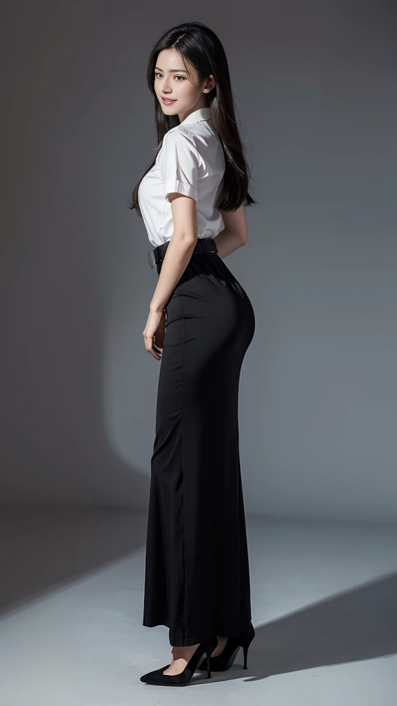 perfect bodies: 1.1, Extremely detailed CG 8k wallpaper, Extremely refined and beautiful, masterpiece,best qualtiy:1.0,Ultra-high resolution:1.0,A high resolution,smiling:1.2, Smooth and flawless fair skin,ultra - detailed , medium breasts:1.1,Black tight torn maxi long skirt:1.4, white short-sleeve button up shirt:1.2, brown suede belt:1.2, In football field:1.4,full body shot, black long messy straight hair, detailed face, black high heels:1.2, perfect body proportions:1.2,p, standing backbend pose:1.4, legs straight:1.4, thai university uniform, super-realistic, arms behind back:1.5, wrists crossed:1.5, shibari:1.5, from side