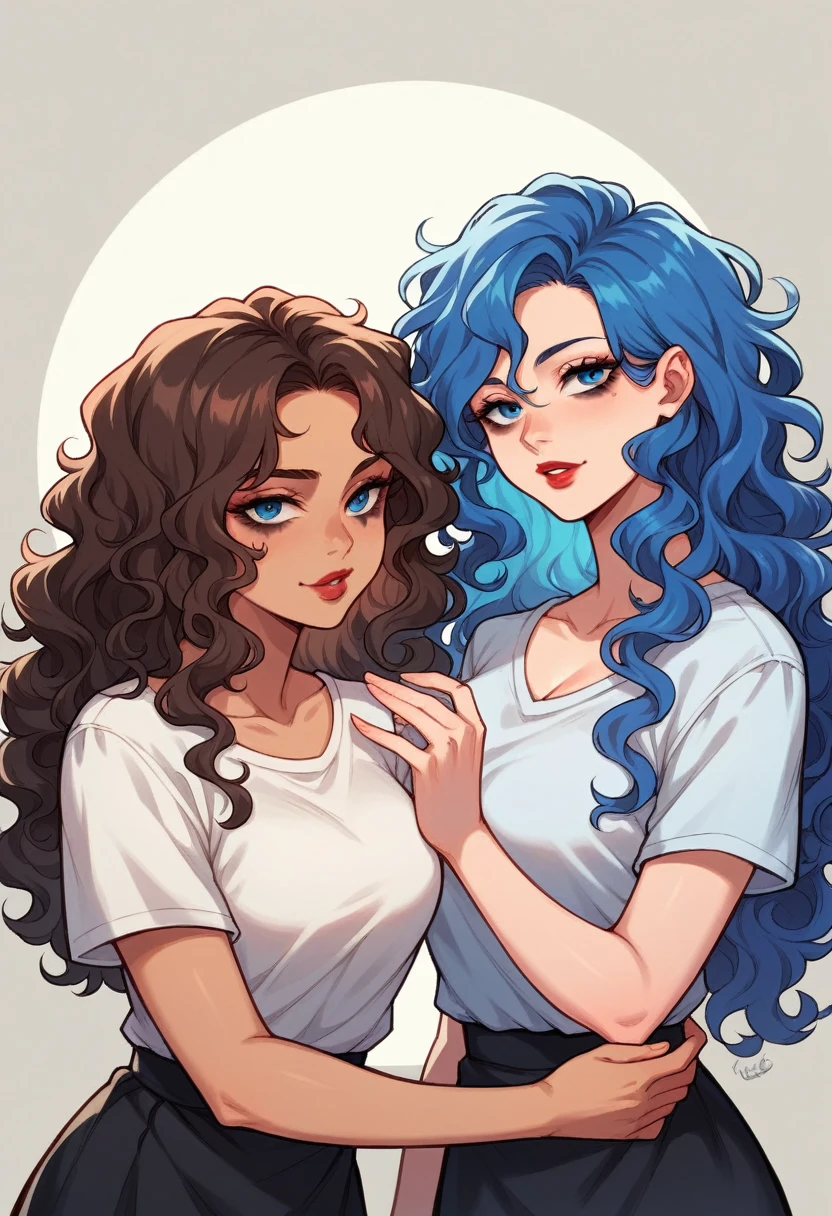 Anime style, women, seductive expression, bright red lips, sexy tattoo on hand, neck , brunette, black and blue rainbow hair, short, wavy hair, messy hair, curly hair, beautiful detailed dark eye makeup, beautiful detailed blue eye, white t-shirts, black short flowy skirt, sexy neckline, large neckline