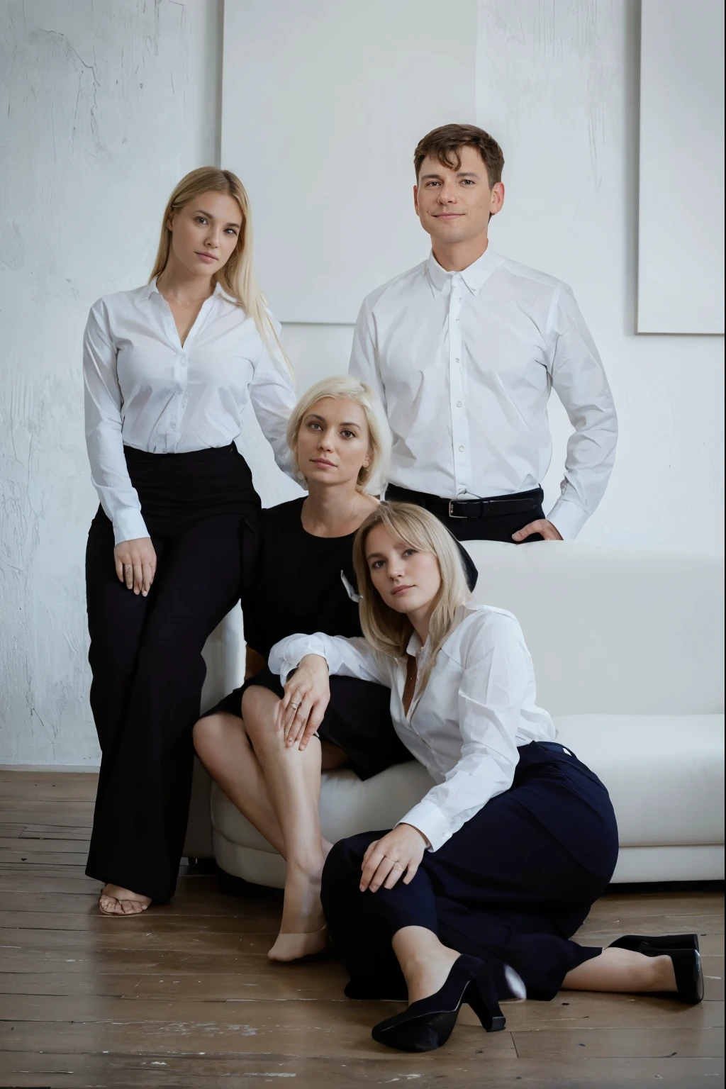Family photo shoot, a man in a white shirt is standing behind a white sofa, behind the sofa