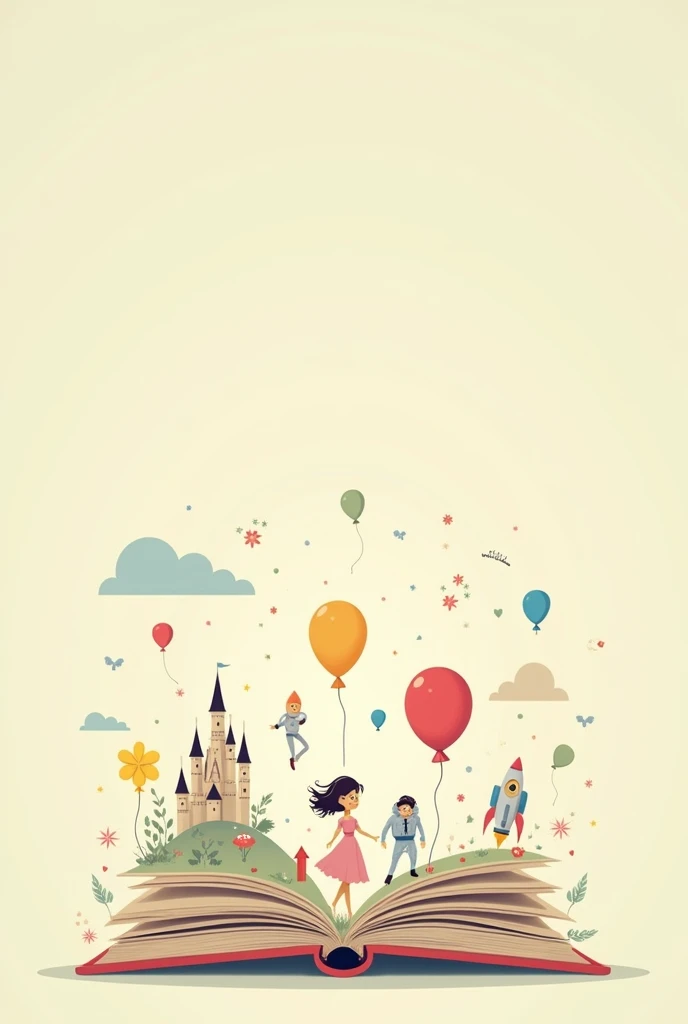 a simple design with light tone colors, with the drawing of an open book and images of a castle, Spaceman, rocket ship, balloons and a princess coming out of the book