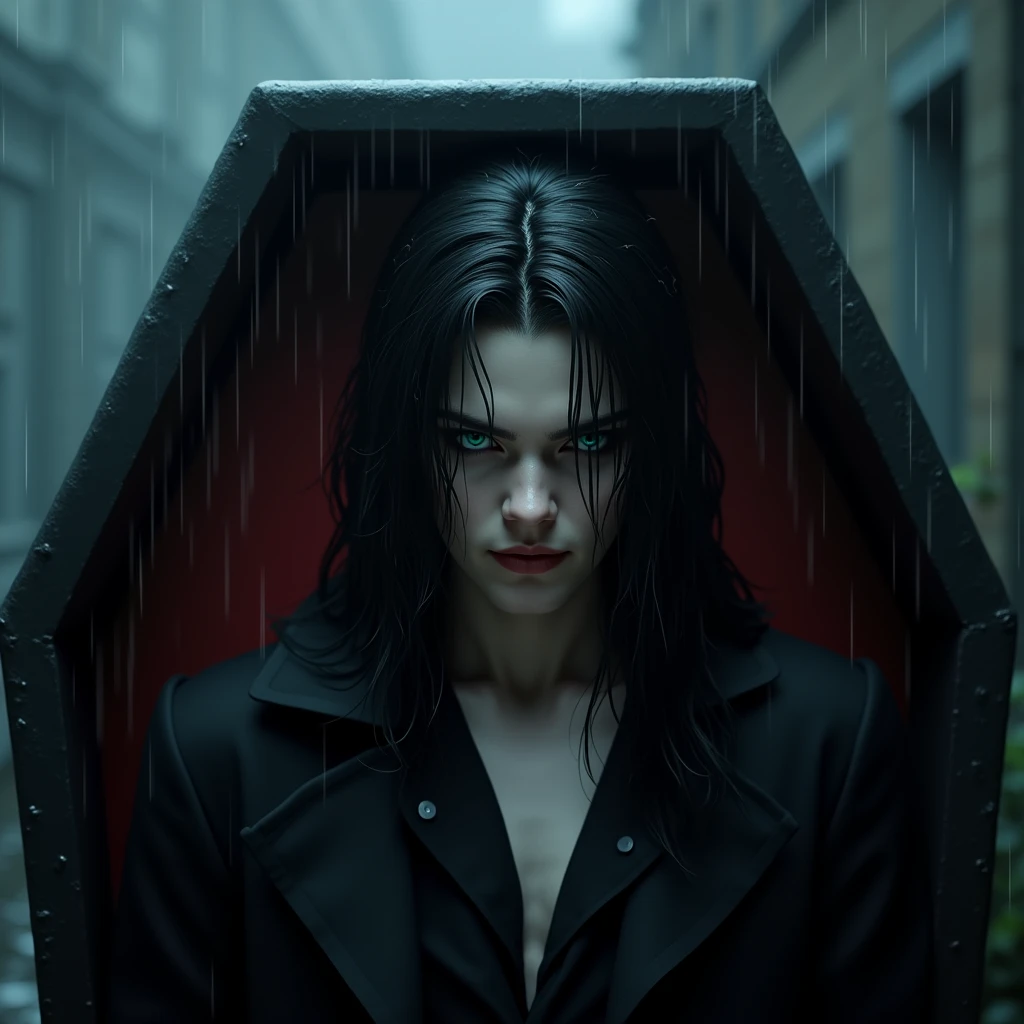 A sexy 19-year-old young male with black long hair, teal blue eyes with gothic clothing. He coming out of his coffin. (((Gloomy atmosphere))) Surreal, Insanely detailed, Detailed face, extremely detailed texture, Ultra Detail, Detailed face. Exquisite details and textures, no facial or body hair. ((smooky)) (((heavy rain)) ((rainy)))) (((cold))) (night) (Smirking while furrowing) (pretty male) (no facial or body hair) (his black hair is long and straight) he has long, pretty eyelashes. He has gothic makeup on his face. He is tilting his head and looking down at the camera while smirking and narrowing his eyes. He looks like a vampire. (((red and black)) He has a malicious expression on his face.