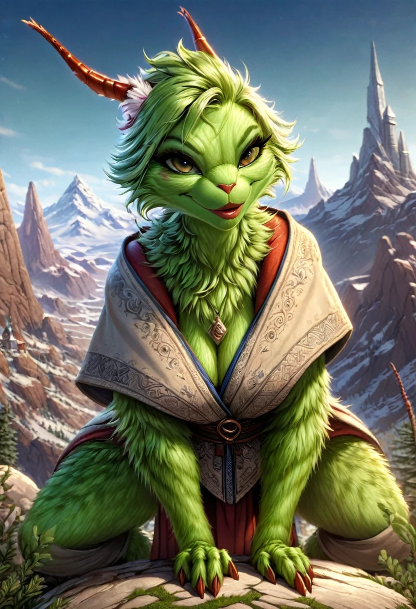 Anthropomorphic female grinch grasshopper mage. Official Art – Charecter profile. An Award-Winning Digital Masterpiece In 4K Ultra HD, Extreme Detail And Intricate Realism. Symmetrical Face. This Concept Art Brought To Life By The Hands Of Artists Like Wlop & Artgerm In A Stunning 2D Vector Illustration.Background Is A Panoramic Vista.
